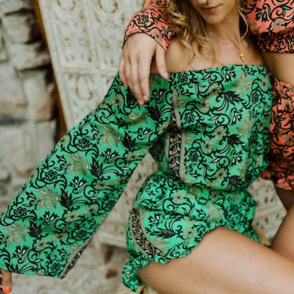The Folk Top in Green Paisley